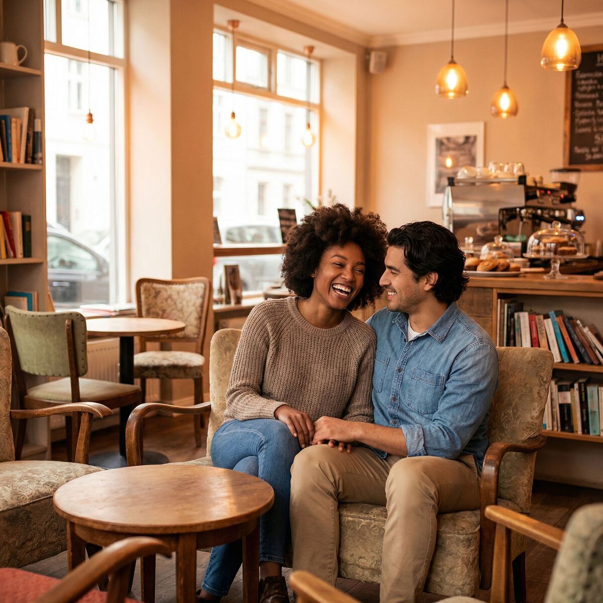 Couple on a coffee date, laughing together