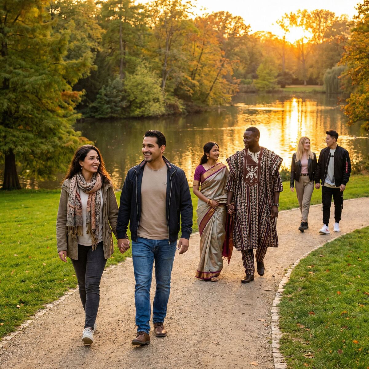 Diverse couples walking together hand in hand at sunset