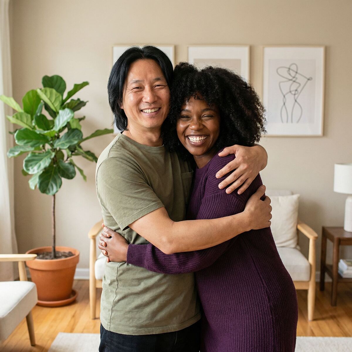 Asian man and Black woman sharing a warm embrace, messaging on RGoals