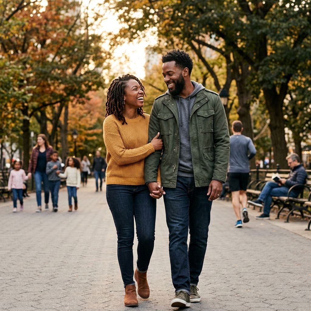 Black couple smiling together after being matched on RGoals