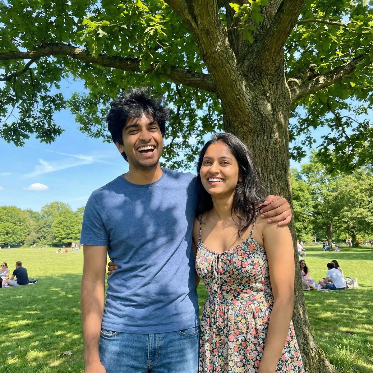 Asian couple laughing together outdoors, building shared goals