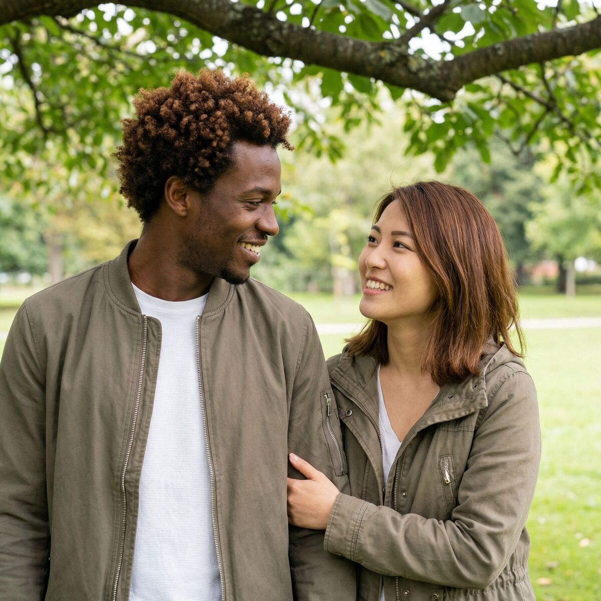 Interracial couple embracing, happy after matching on RGoals